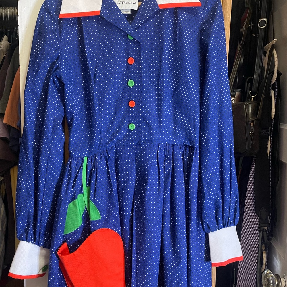 Vintage 60s Polka Dot Blue Dress with Apple Design